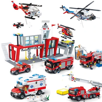 

City Fire Rescue Station Series Ladder Truck Building Blocks Classic Helicopter Bricks Model Kids Toys For Children Boy Gifts