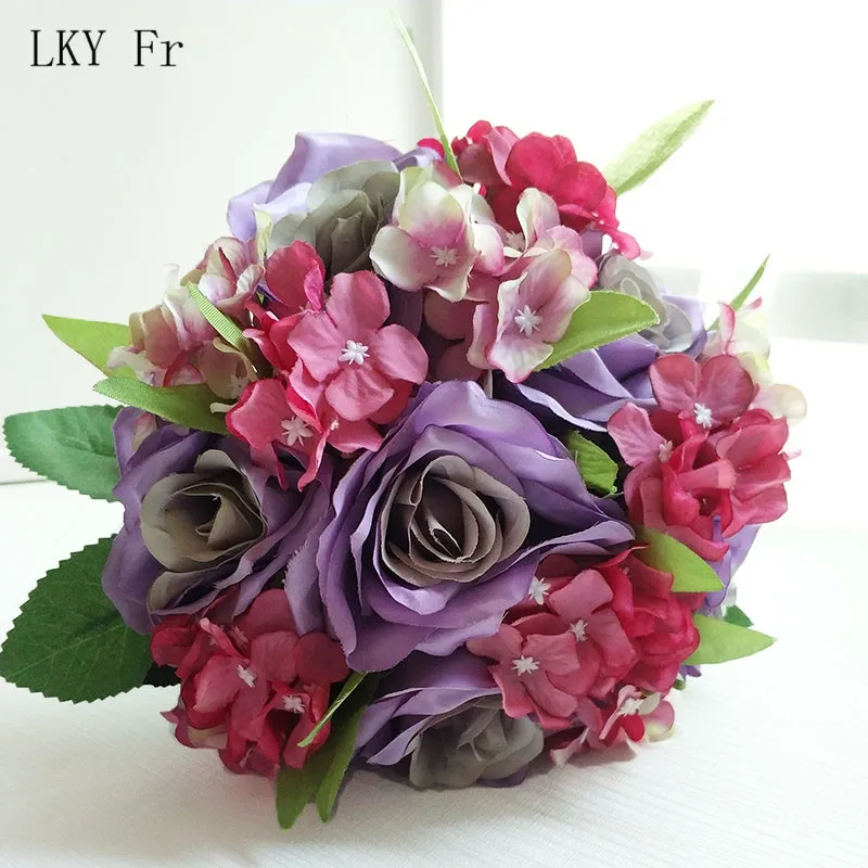 

LKY Fr Wedding Bouquet Bridal Bouquet Flowers Marriage Silk Roses Hydrangea Pink Blue Bouquet Bridesmaids Decoration Accessories