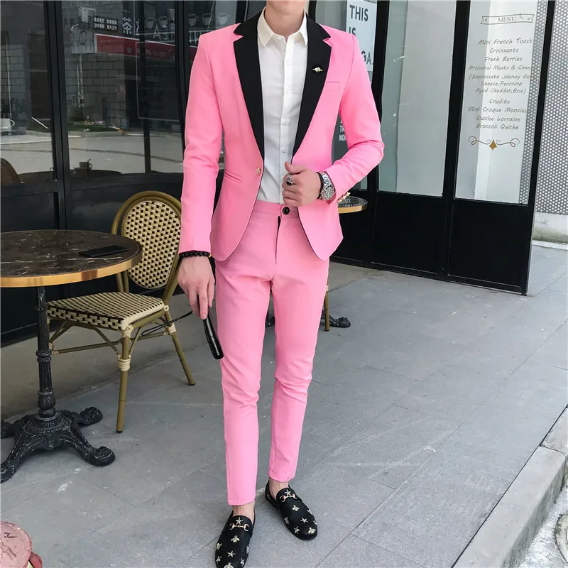 Мужской костюм из 2 предметов, однотонный мужской блейзер и брюки в стиле пэчворк, цвета: розовый, синий, белый, черный, Трендовое платье в Корейском стиле, вечерние, Свадебный мужской костюм - Цвет: Розовый