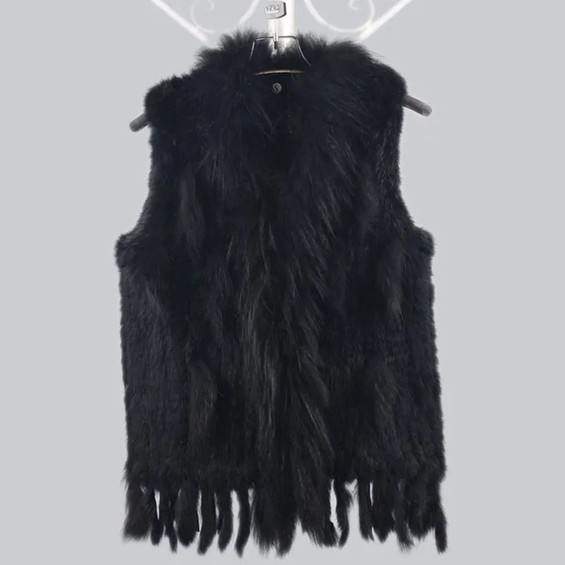 Жилет из натурального кроличьего меха с воротником из меха енота вечерние куртки вязаные жилеты женские жилеты colete de pele de coelho - Цвет: black