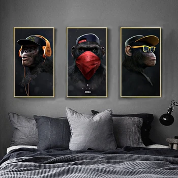 

Large Animal Picture Canvas Painting Modern Funny Thinking Monkey with Headphone Wall Art Poster and Print for Living Room Decor
