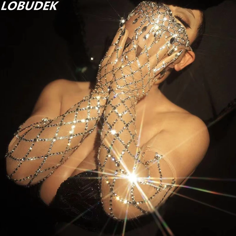 

Luxury Rhinestones Mesh Transparent Long Gloves Wedding Party Evening Celebrate Mittens Singer Dancer Bar Show Stage Accessories