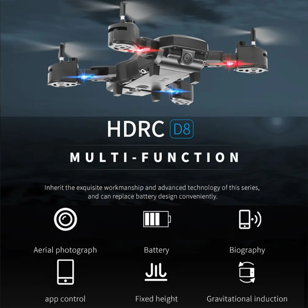 D8 4-CH Foldable Drone HD Helicopter with Light 6-axes Gyroscope Fixed High Folding Gesture Camera Remote Control Aircraft 30W