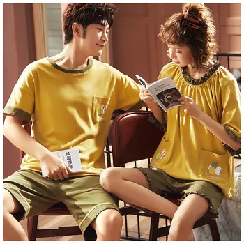 

New Print Couple Pajamas Set Summer Cotton Women Men Pyjamas Short Sleeve Sleepwear Lounge Pajama Lovers Loungewear