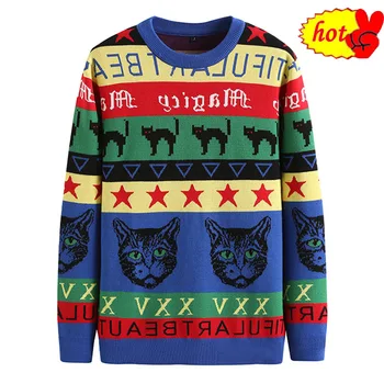 

men Luxury New Embroidered Cat leopard stripes Knit Casual Sweaters pullovers Asian Plug Size High quality Drake