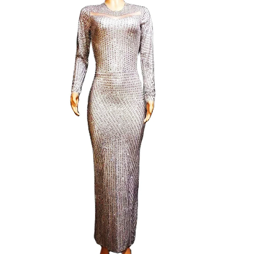 

Silver Sparkling Full Rhinestones Ankle-Length Dress Backless Split Fork Dresses Party Evening Costume Nightclub Dance Wear Lady