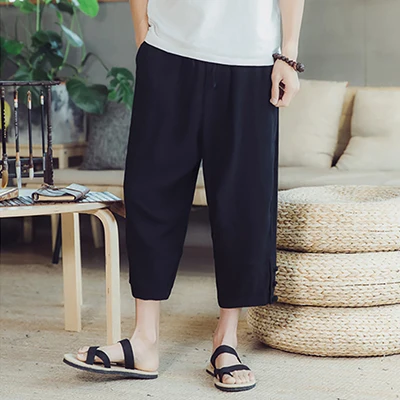 New Summer Cotton Linen Men's Chinese Style Loose Straight Harem Pants Wide Leg Lightweight Casual Calf-Length Trousers - Цвет: Black