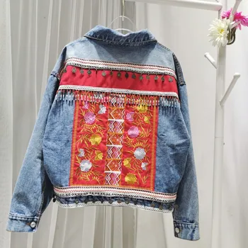 

Ethnic Floral Embroidery Denim Jeans Jacket Women Beading Tassel Long Sleeve Pocket Denim Jack BY185