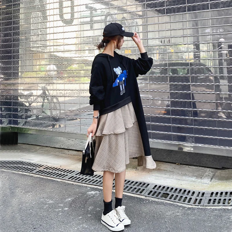

Korean-style Mock Two-Piece Hoodie Dress Women's 2020 Spring And Autumn Students Mid-length Loose-Fit over-the-Knee Joint Cake D