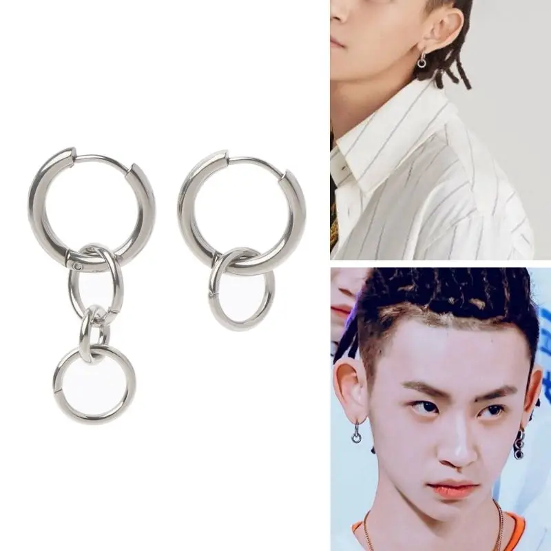 

Stainless Steel Circle Chain Huggie Hinged Hoop Drop Earrings Korean Jewelry