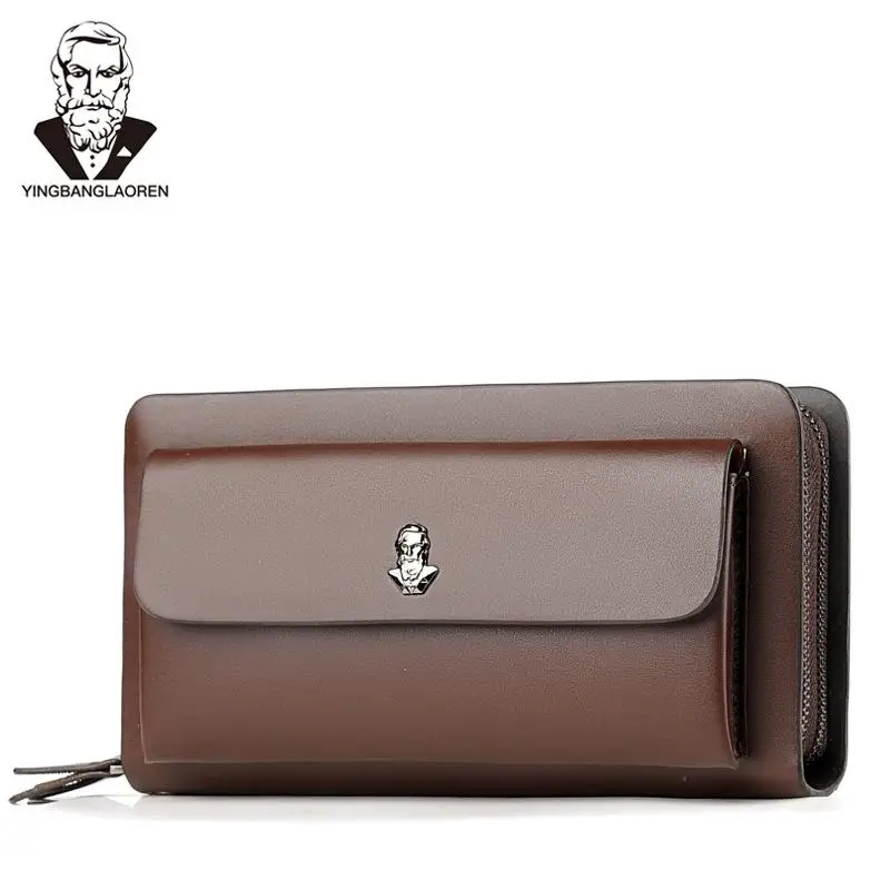 Pochette, Роскошный кошелек, двойная молния, мужские клатчи, мужской отсек, Обложка для паспорта, Большой Вместительный кожаный Длинный кошелек, клатч - Цвет: Brown