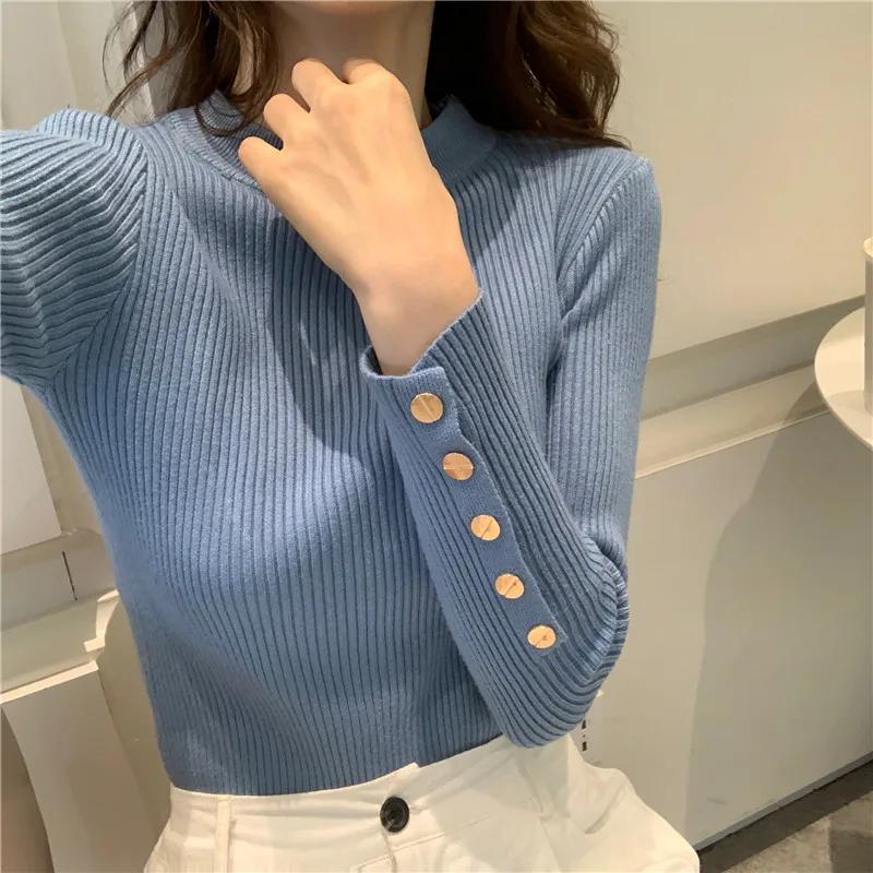 Elastic Tight Winter Sweater Women Wild Self-cultivation Solid Half High Collar Button Knit Sweater Women Pullovers Tops Elastic Tight Winter Sweater Women Wild Self-cultivation Solid Half High Collar Button Knit Sweater Women Pullovers Tops