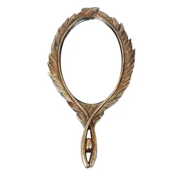 

1pc Vintage Handheld Makeup Mirror Baroque Styled Feather Mirror (Gloden)