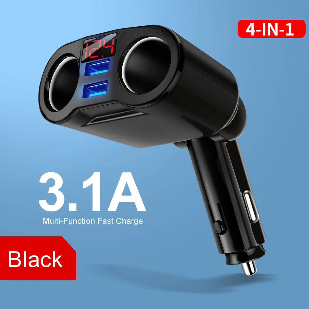 Двойное автомобильное зарядное устройство USB 5 в 3,1 А, быстрый цифровой дисплей и 2 разъема для прикуривателя, адаптер для iPhone 7, Xiaomi, samsung, gps, автомобильное зарядное устройство - Тип штекера: Black
