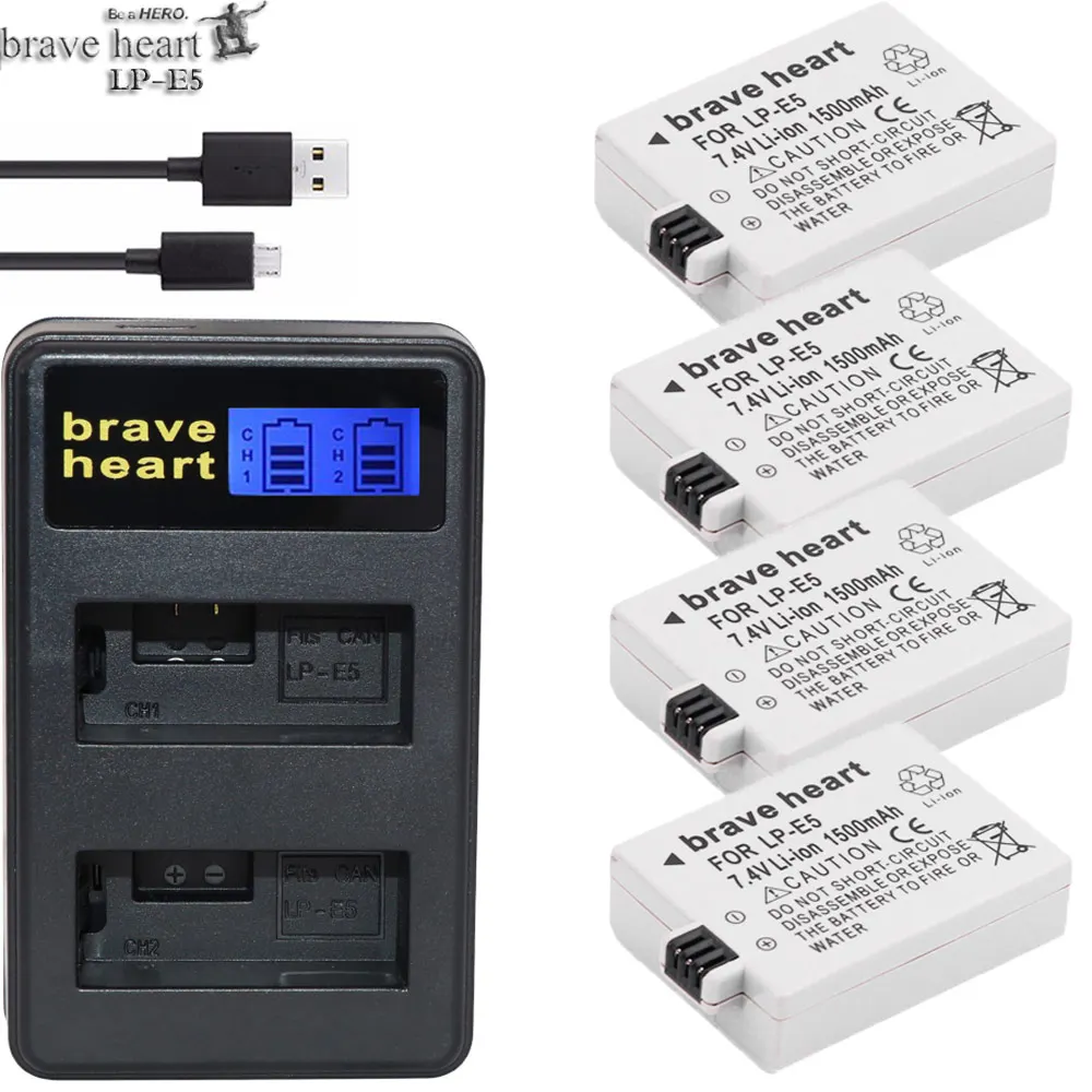 Brave heart 3x bateria LP-E5 аккумулятор lp e5 lpe5+ двойное зарядное устройство для Canon EOS 450D 500D 1000D KISS X2 X3 F Rebel XS XSi T1i - Цвет: charger and 4battery