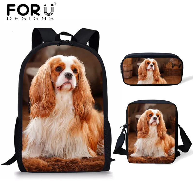 

FORUDESIGNS Animal School Bags Set Cavalier King Charles Spaniel Dog Print 3pcs School Backpacks for Cute Kids Leisure Daypack