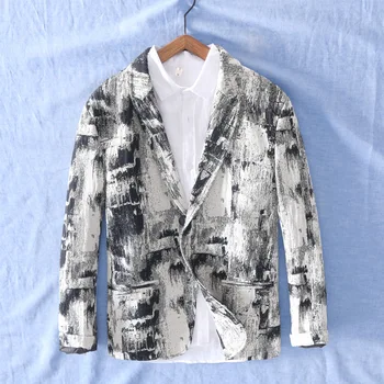 

2020 Men Spring Ink Printed Casual Cotton Linen BLAZER Fashion Breathable Two-Button BLAZER
