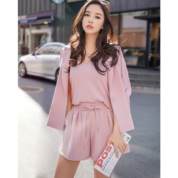 

Dabuwawa Women's Suits Sets New Pink Suit Shirt Shorts 3 pieces Sets Autumn Office lady Formal Outwear Sets D18CSJ002