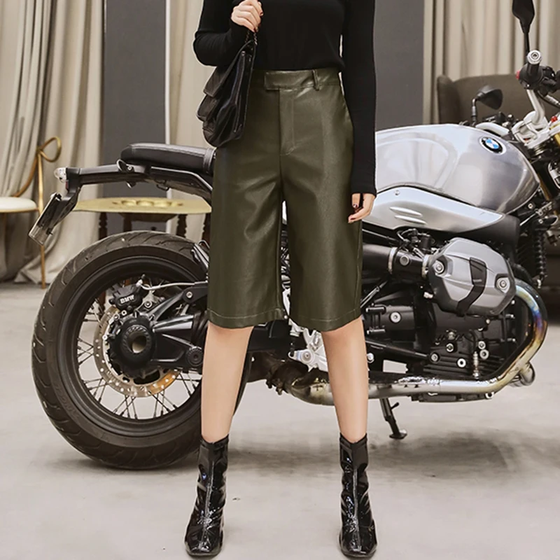 QOERLIN Women's PU Leather Shorts 2023 New Winter High Waist Cycling Shorts Casual Women's Boots Autumn Black Bermudas Shorts