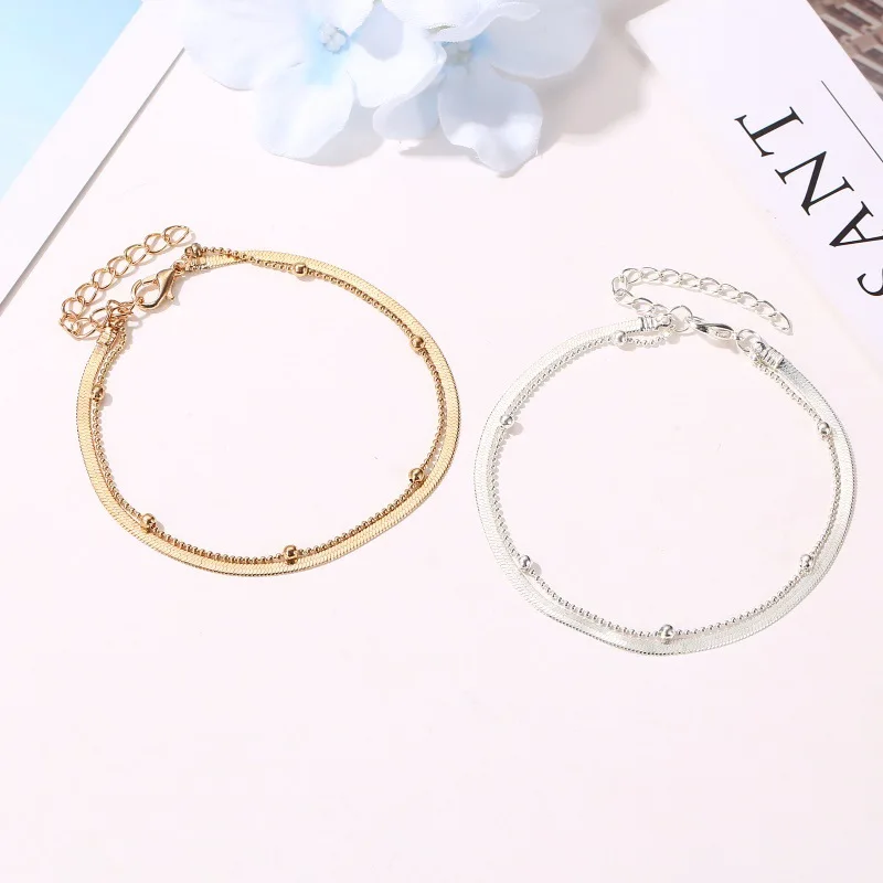 

Europe And America New Style Anklet Women's Simple Double Layer round Beads Snake Bones Chain Ankle Ring-Style Hot Selling Foot