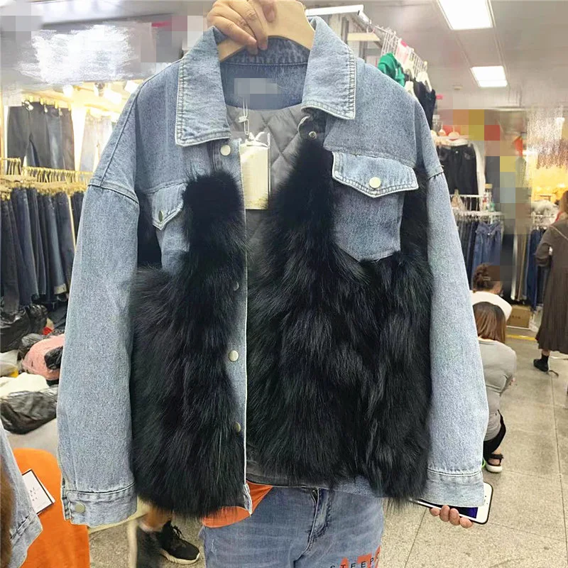 Winter Korean Style Real Fox Hair Denim Jacket Women's Cotton Padded Female Casual Coat Girls Thickened Warm Cowboy Jackets