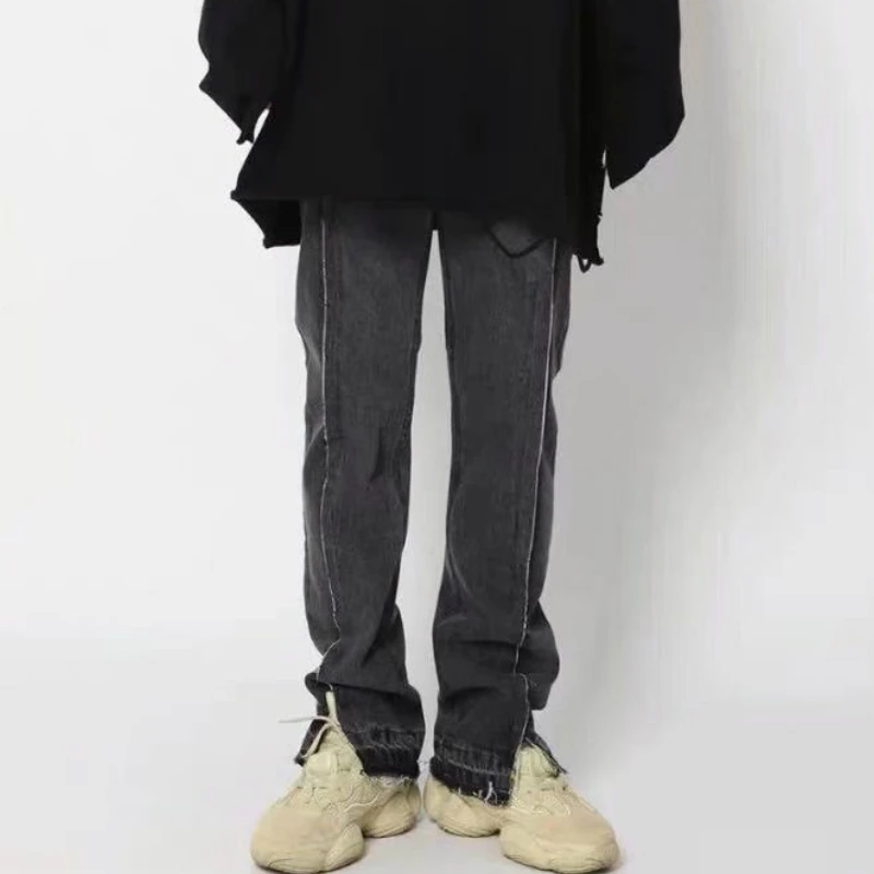 

Washed Grey Distressed Jeans Split Leg Opening Hip Hop Streetwear