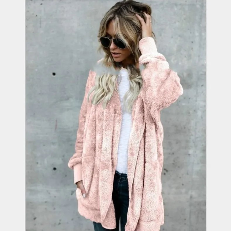 Large size 5XL Faux Fur Teddy Bear Coat Jacket Women Fashion Open Stitch Winter Hooded Coat Female Long Sleeve Fuzzy Jacket - Color: 2