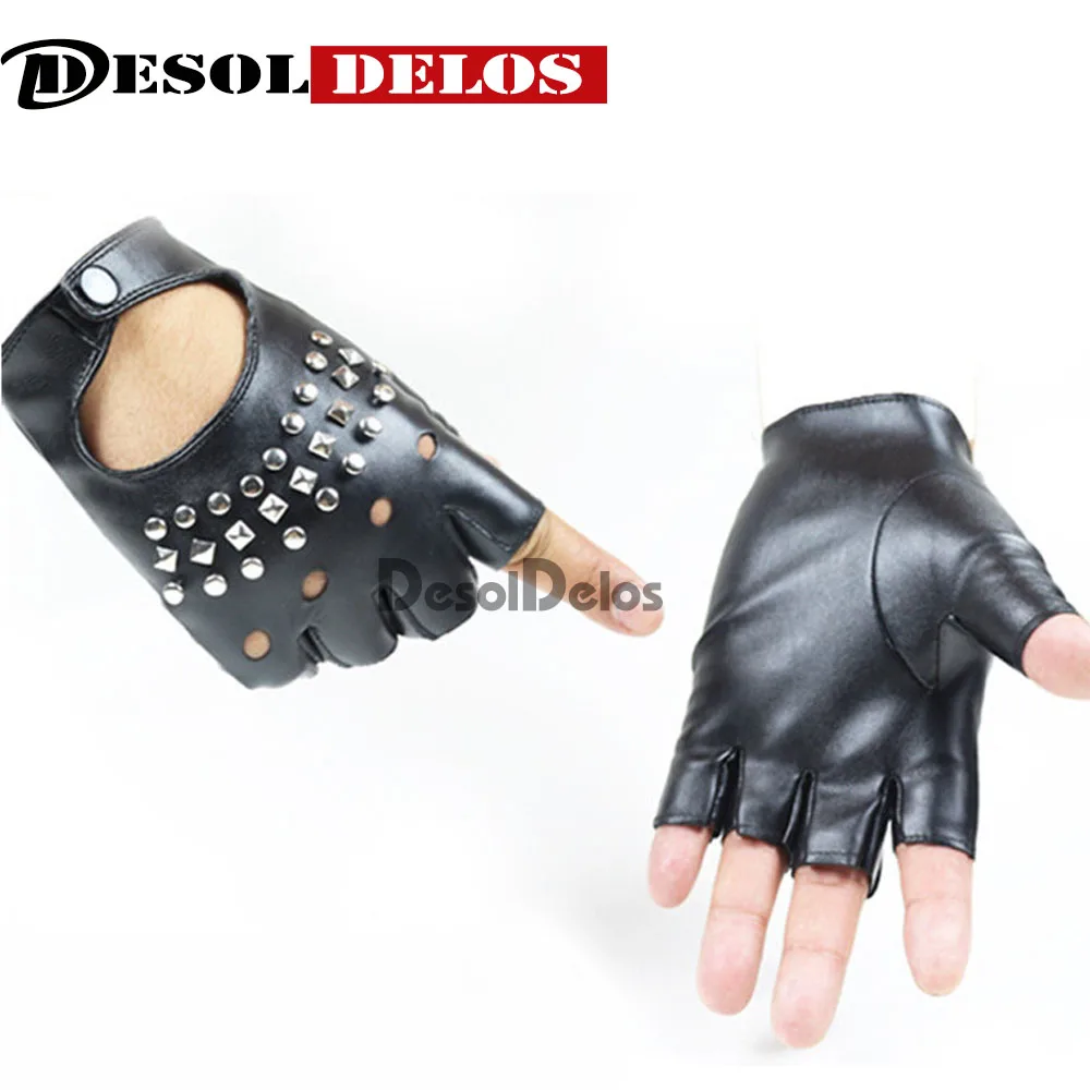 

Luxury PU Leather Gloves Mens Theatrical Punk Hip-Hop Glove Women Fashion Square Nail Fingerless Gloves Lady Mittens Black