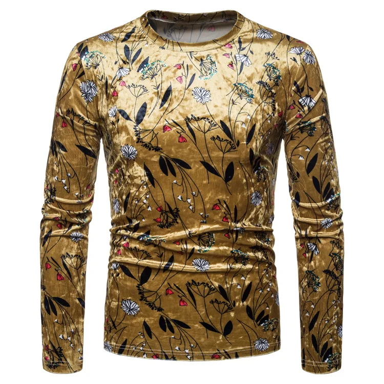 Ouma Men's Gold Velvet Floral Long-Sleeve T-shirt Cool Printed Slim Fit Plus-sized O Neck Crew Base Shirt |