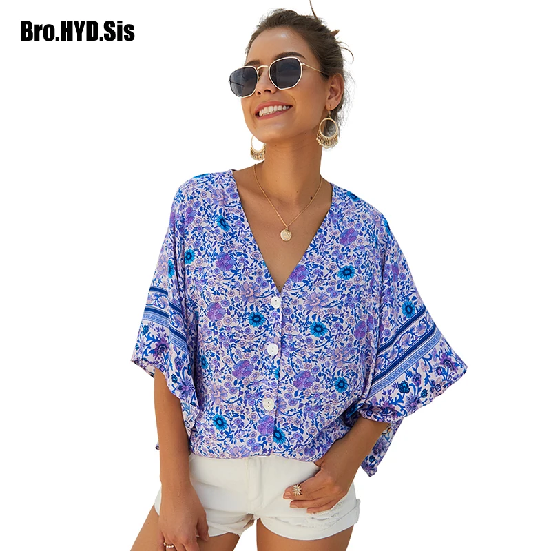 

2019 New Bohemian Style Women Cotton Blouse Floral Print Button Shirts Three-quarter Length Flare Sleeve V-neck Girl Clothing