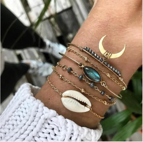

6pcs New Bohemian Nutural Sea Shell Moon Horn Charm Bracelets Set for Women Imitation Pearl Bangles Bracelets Beach Boho Jewelry