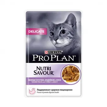 

Влажный корм Purina Pro Plan Delicate для кошек с чувствительным пищеварением, индейка в соусе, пауч, 85 г