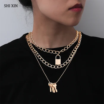 

SHIXIN 3 Pcs/Set Chunky Chain With Lock/Key Pendant Necklace for Women/Men Punk Multi Layer Padlock Necklace on the Neck Jewelry