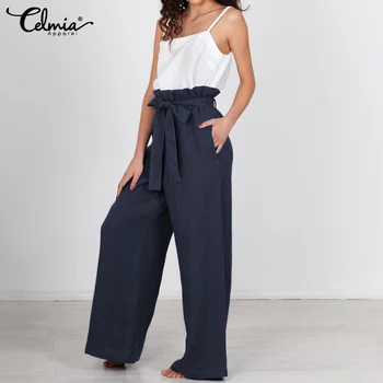 

Celmia 2020 Fashion Vintage Linen Trousers Women High Waist Wide Leg Pants Casual Loose Long Palazzo Office Pantalon Femme S-5XL