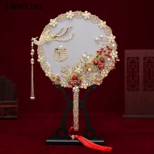 JaneVini Роскошные Свадебные букеты веер китайский вентилятор ручной работы с цветами старинный металлический веерный светильник золотые свадебные аксессуары