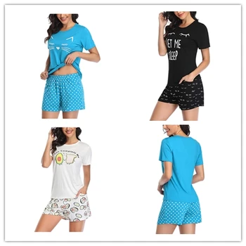 

Pyjamas Women пижама женская Sleepwear Women Fashion Summer Short-Sleeved Dot Cartoon Letter Printed Home Service Pajamas Suit