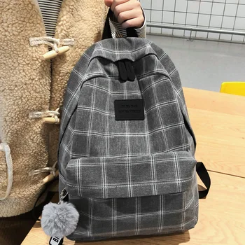 

2020 New Women Backpack Female Plaid School Bag for Teenage Girls High Quality Travel Backpacks Hairball Book Mochilas back pack