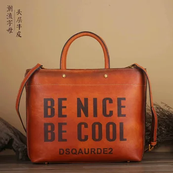 

New leather women's cowboy cowhide single shoulder lady's handbag, trend letter character, retro Tote Bag