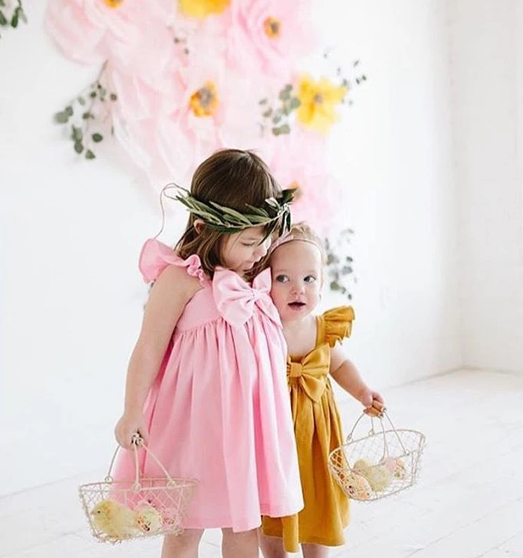 Платье для маленьких девочек розовое, желтое платье без рукавов с топом на бретелях, платье для девочек платье принцессы платье-комбинация с бретельками