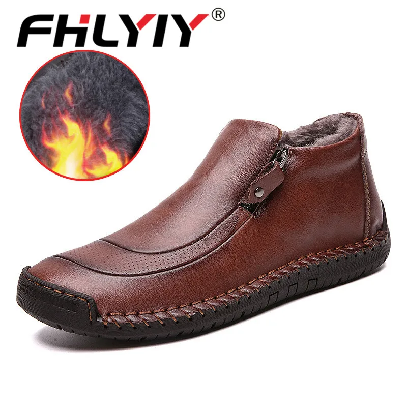 Fur Red Brown 2 Fhlyiy/брендовые Модные мужские кожаные ботильоны; Зимняя мужская обувь; уличные плюшевые теплые мужские ботинки; новая кожаная черная обувь; Zapatos De - Цвет: Fur Red Brown 2
