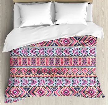 

Tribal Duvet Cover Set Retro Spring Vintage Pattern 3 Piece Bedding Set Pink Peach Indigo and Pale Blue