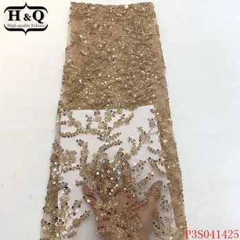 

H&Q african fabric lace 2020 high quality embroidery golden french sequins laces nigerian tulle fabrics 5 yards/piece for sewing