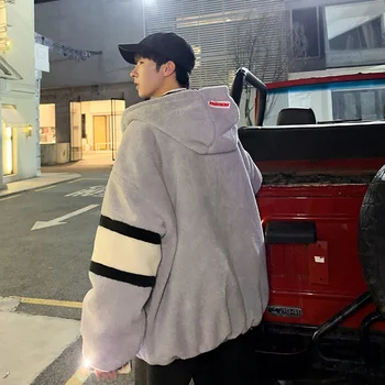 

Winter New Lamb Hair Jacket Men's Warm Thick Fashion Parka Men Cross Color Casual Hooded Coat Man Wild Loose Cotton Jacket M-5XL