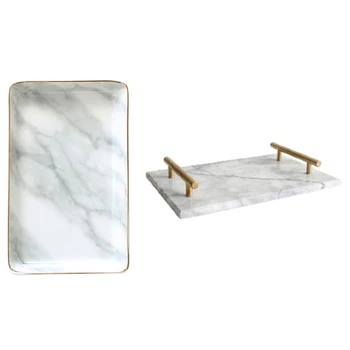 

2 Pcs Nordic Style Gold-Plated Handle Ceramic Storage Tray: 1 Pcs Cake Dessert Plate Sushi Plate Jewelry Display Tray & 1 Pcs Ri