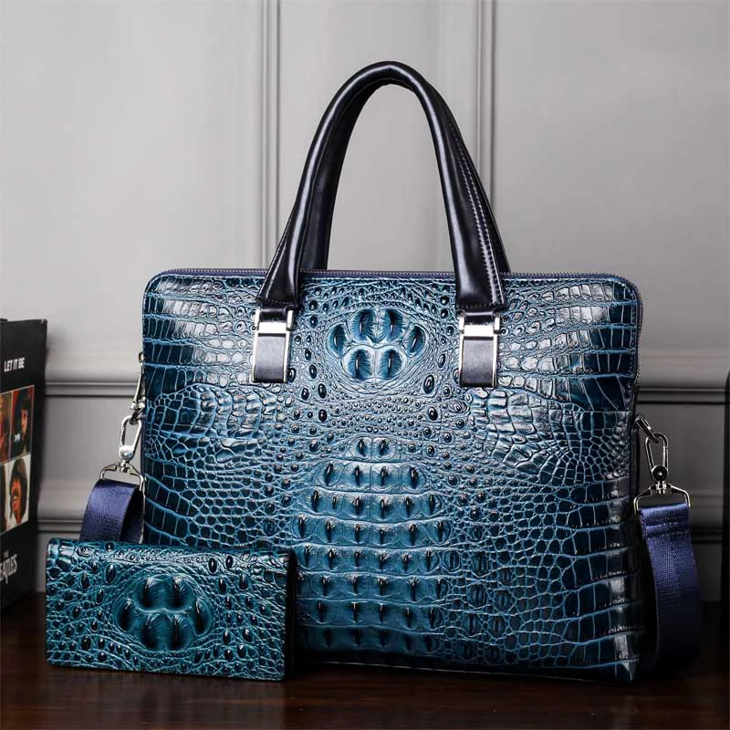 Роскошный коровья натуральная кожа деловой мужской портфель Мужская Наплечная Сумка с принтом сумка-мессенджер сумка-тоут Компьютерная сумка - Цвет: blue with wallet