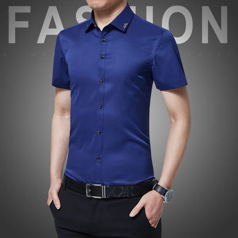 2018 мужская одежда рубашки мужская мода короткий рукав Slim Fit хорошее качество однотонная Повседневная деловая рубашка плюс размер 5XL