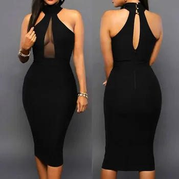 

Sexy Women Bodycon Off Shoulder Halter Neck Party Evening Black Mid-Calf Dress vestidos de noche corto elegant #F