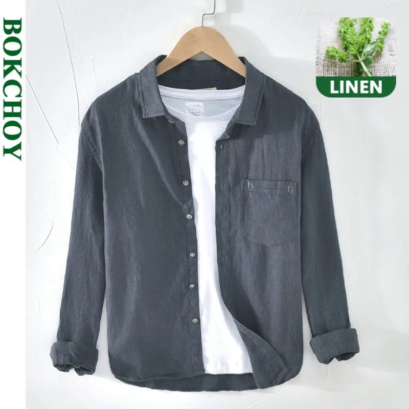 Мужская винтажная рубашка из чистого льна дышащая с длинным рукавом новинка 2020 |