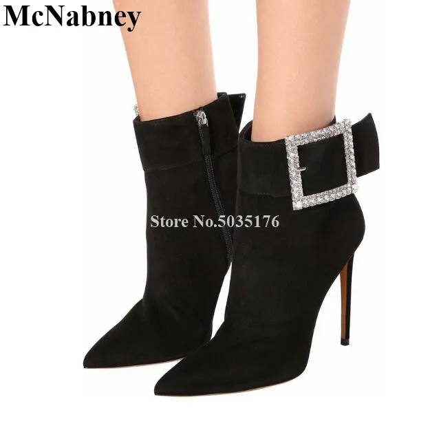 

McNabney Sexy Women Short Boots Rhinestone Ankle Buckle Zip Pointed Toe Stiletto Heel Ankle Ladies Boots Fashion Women Shoes
