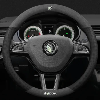 

For Skoda 3D Laser Printing Logo Cow Leather Car Steering Wheel Cover Fit Rapid Octavia RS VRS Spaceback Superb Derivative